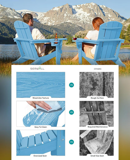 SERWALL Adirondack Chair with Cup Holders - Composite Adirondack Chairs Set of 4 HDPE Outdoor Chairs All Weather Use- Light Blue