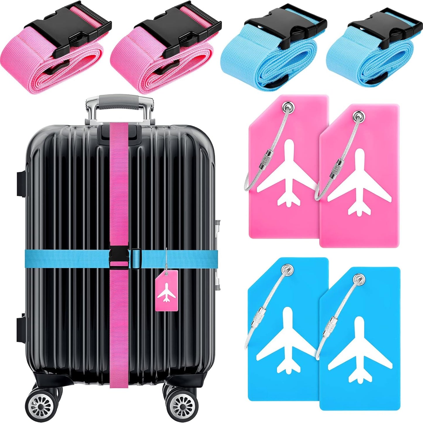Weewooday 8 Pcs Luggage Straps Suitcase Tags Set for TSA Approved, 4 Travel Adjustable Suitcase Belt, 4 Silicone Luggage Tags with Name ID Card Travel Accessories(Pink, Light Blue,Airplane)