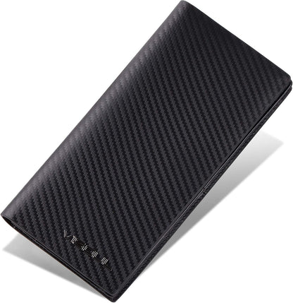 VISOUL Mens Leather Long Checkbook Bifold Wallets with RFID Blocking, Carbon Fiber Leather Tall Wallets for Men (Black+Black)
