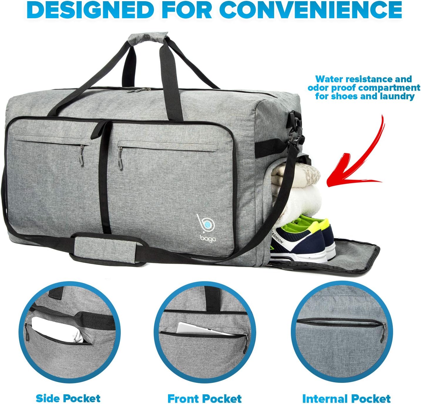Bago Large Foldable Duffel Bags for Traveling Women & Men - 120L Packable Duffle Bag for Travel with Shoe Compartment - Water Repellant, Heavy Duty, Lightweight Folding & Collapsible (SnowGray)