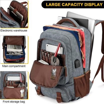 Tzowla Canvas Laptop Backpack, Bag for Men Women,Travel Work Rucksack Fits 15.6 Inch Laptop, Bookbag with USB Charging Port