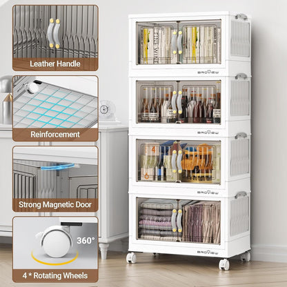 BROVIEW 135Qt Stackable Storage Bins with Lid, Extra Large Closet Organizer Collapsible Drawer Boxes with Wheels, Folding Plastic Cabinet Containers for Home Kitchen Room Organization, 3Pack White