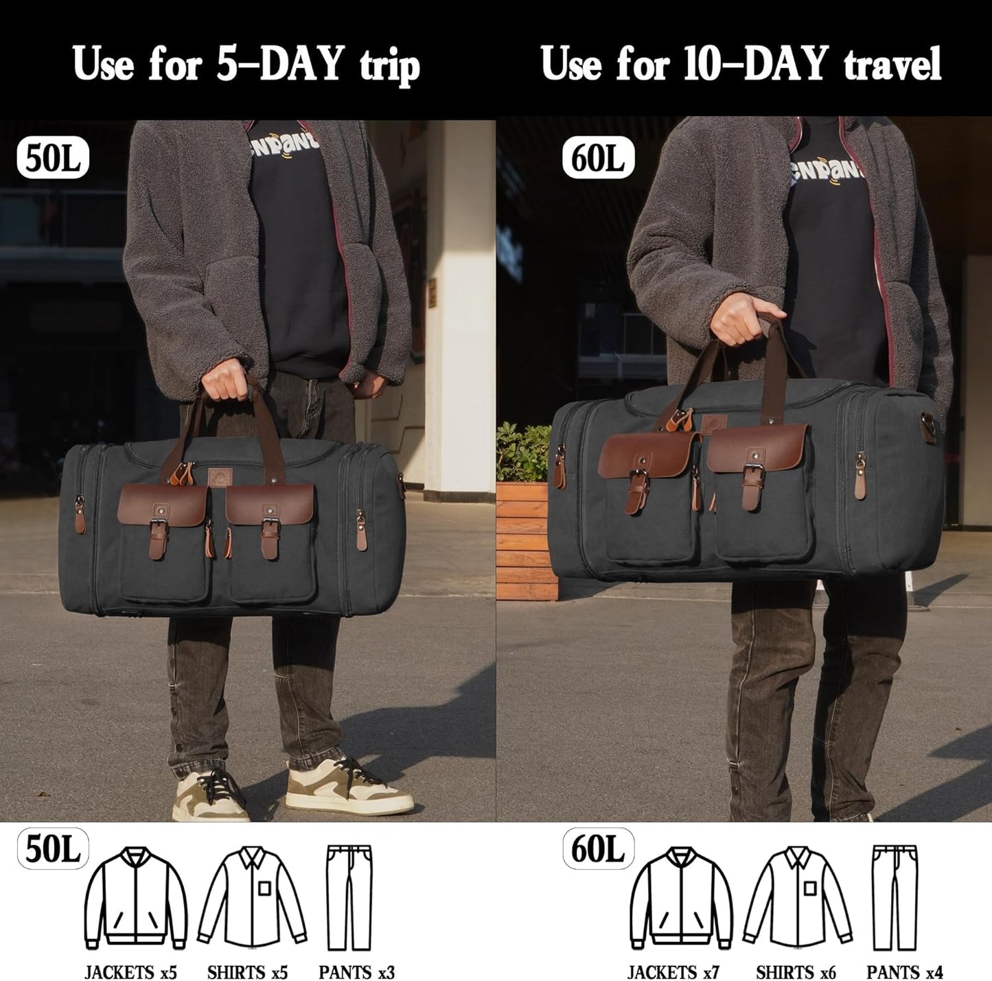 Canvas Duffle Bag for Men 60L Travel Duffel Bags Expandable Genuine Leather Duffel Overnight Weekender Carry On Bag Two Zipper Pockets Travel Bag (Black, X Large-60L)