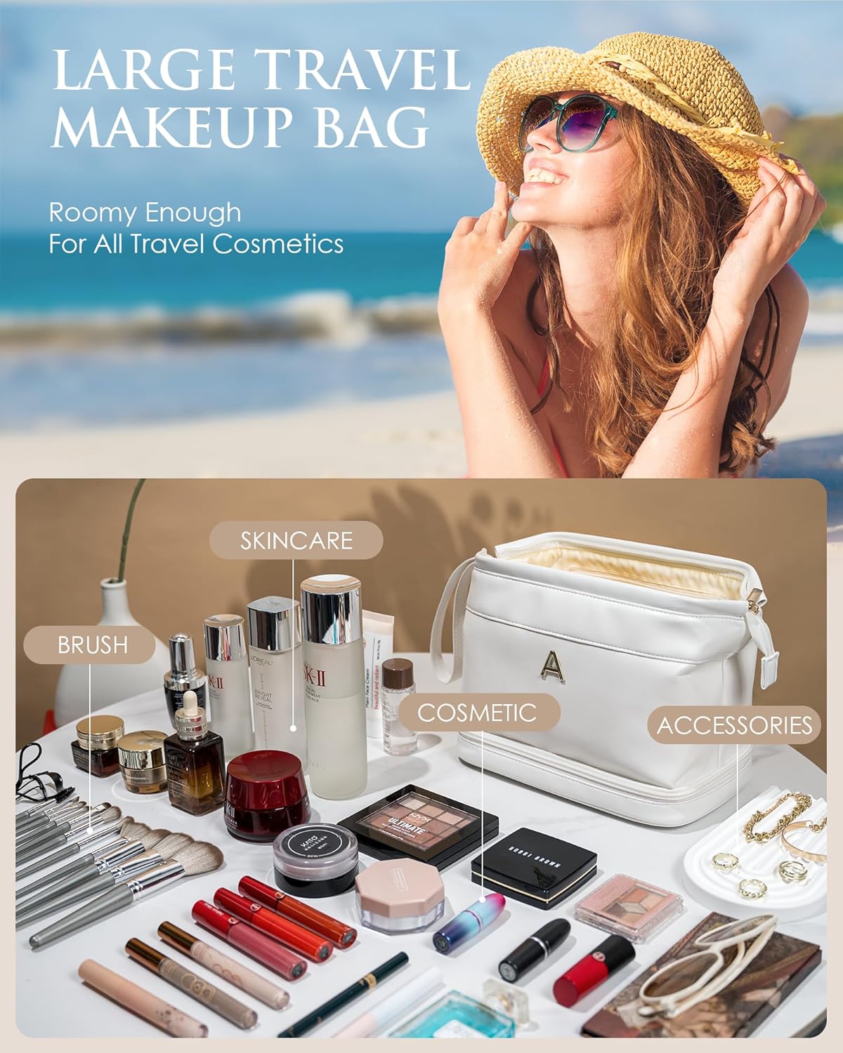 Teen Girl Gifts Trendy Stuff, Initial Makeup Bags, Personalized Double Layer Cosmetic Bag with Makeup Brush Organizer, Grandma Birthday Gifts, PU Leather Toiletry Bag, Gifts for Women Friend