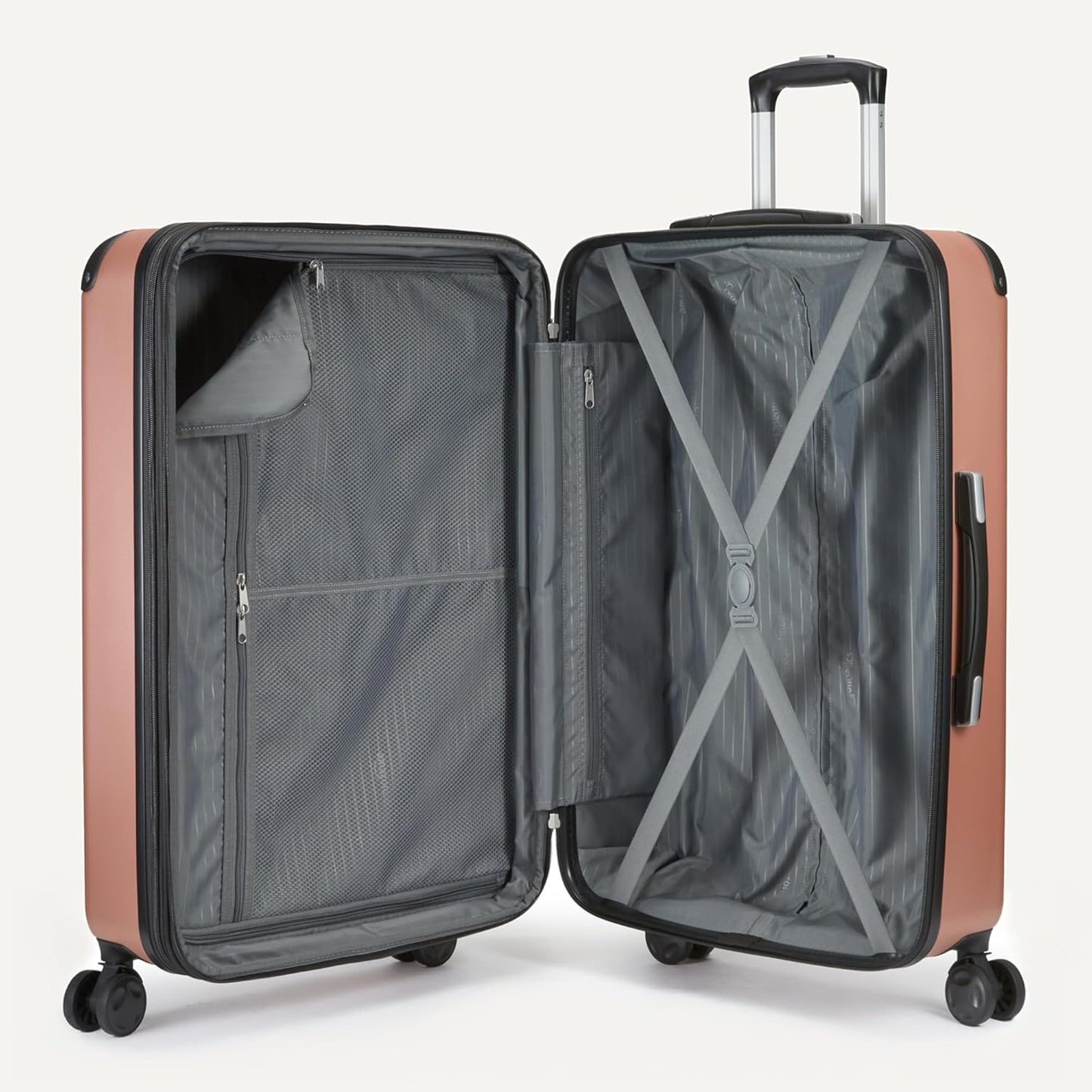 Amazon Basics 4-Piece Luggage Set, Including Two Hardside Suitcases With Multi-directional Spinner Wheels (22" Carry-On and 28" Checked), 15" Tote Bag and 10" Compact Travel Bag, Rose Gold