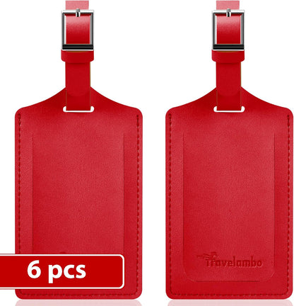 Travelambo Luggage Tags for Suitcases Faux Leather Privacy Protection 6 Pack Bag Tags Travel Accessories Essential, Deep Red