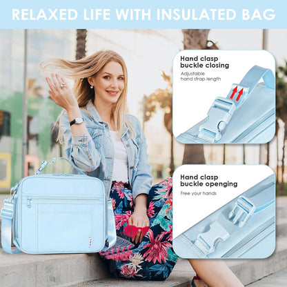 NOL Kids Lunch Bag - Kids 3+ Reusable Insulated Lunch Box with Zipper Closure Buckle Handle Adjustable Long Shoulder Strap, Easy-Clean Waterproof Fabric, Children Lunch Tote Bag for School -Light blue