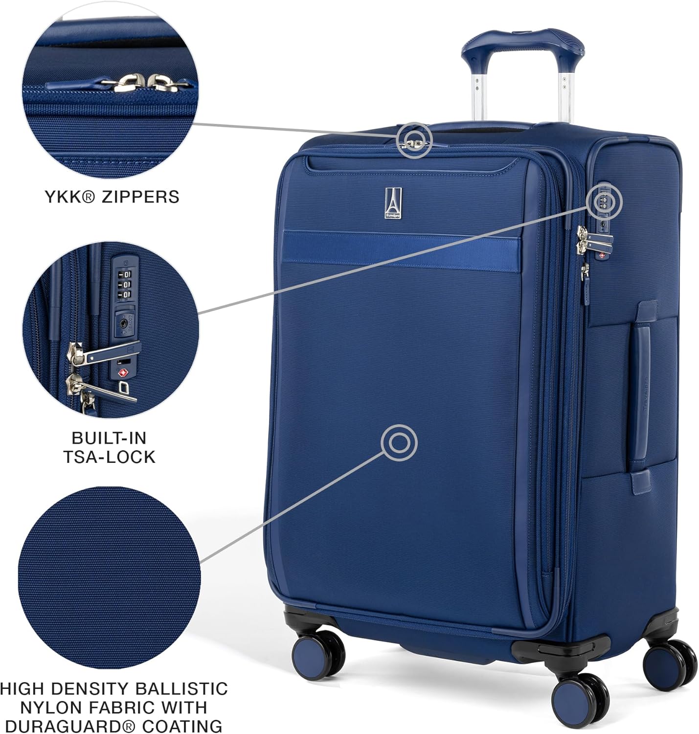 Travelpro VersaPack+ Lightweight Softside Expandable Checked Luggage, 8 Spinner Suitcase, TSA Lock, Men and Women, Checked Medium 25-Inch, Estate Blue