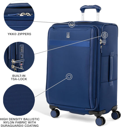 Travelpro VersaPack+ Lightweight Softside Expandable Checked Luggage, 8 Spinner Suitcase, TSA Lock, Men and Women, Checked Medium 25-Inch, Estate Blue