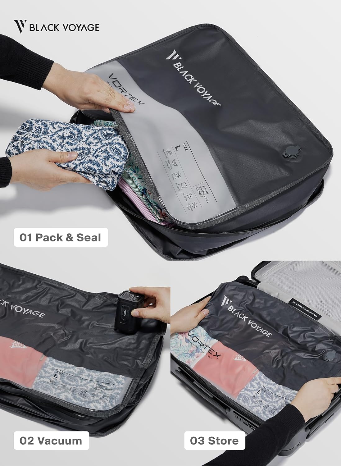 Black Voyage Reusable Vacuum Compression Travel Bag for Carry-On Suitcase and Backpack, Recycled IP67 Waterproof Space Saver Vacpack (2-Pack, 18L - Pump Included)