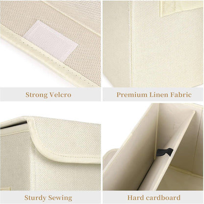 Large 42 Quarts Collapsible Stackable Storage Bins Cube with Lids [3-Pack] Foldable Fabric Linen Storage Boxes, Closet Organizer Baskets with Label for Home (16.7 x 12 x 12, Beige)