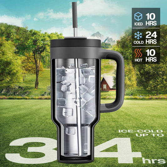 POWCAN 40 oz Tumbler with Handle, 2-in-1 Straw and Sip Lid, Leakproof, Dishwasher Safe, Insulated Stainless Steel Travel Coffee Mug, Keeps Cold for 34 Hours, Fits in Car Cup Holder (Midnight)