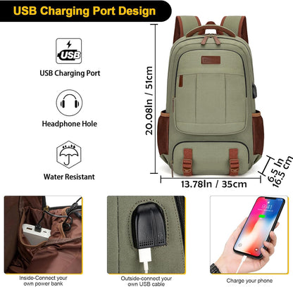 Tzowla Canvas Laptop Backpack, Bag for Men Women,Travel Work Rucksack Fits 17.3 Inch Laptop, Bookbag with USB Charging Port