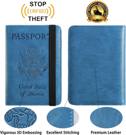 Passport Holder Cover Wallet Travel Essentials RFID Blocking Leather Card Case International Must Haves Travel Accessories for Women Men(101#Blue)