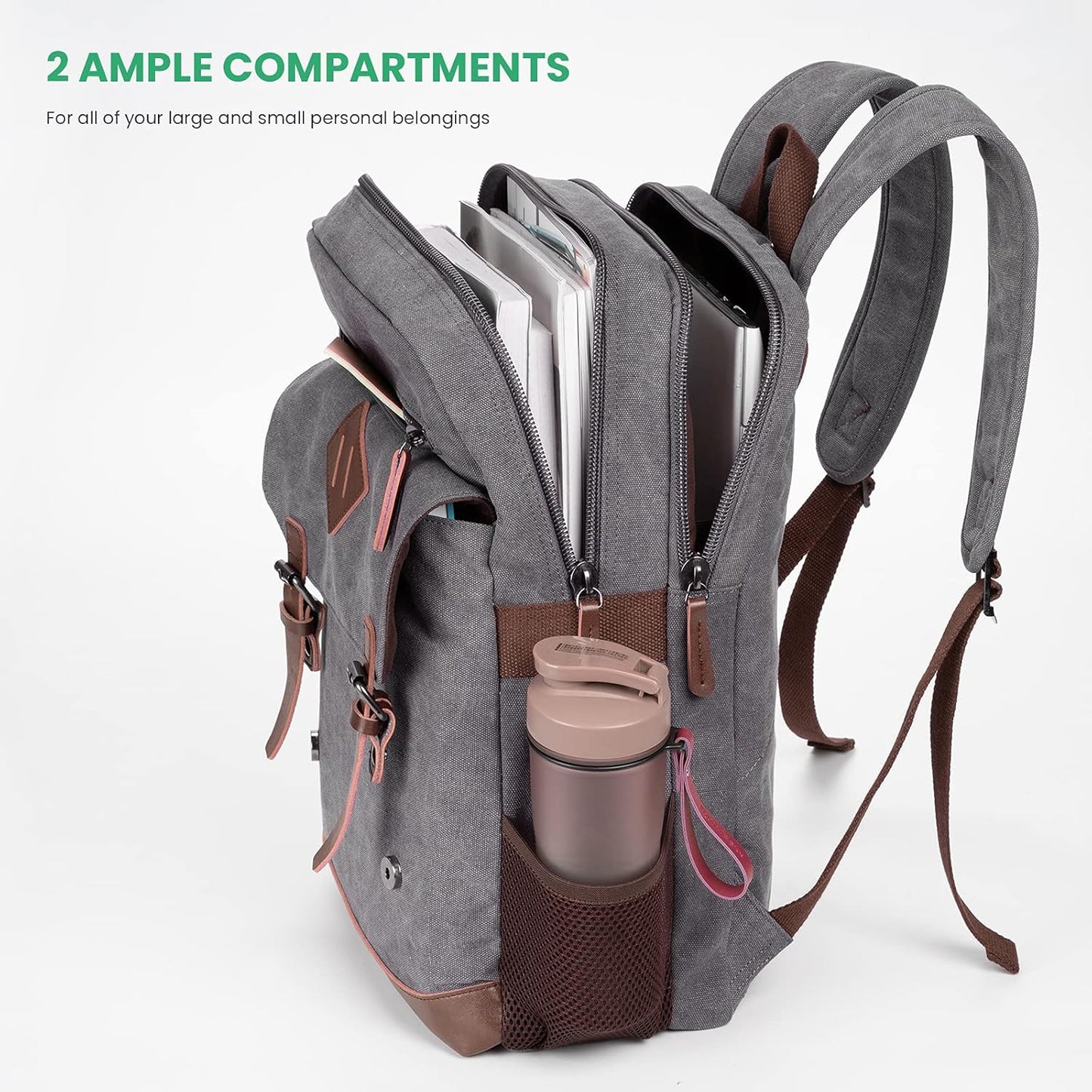 Modoker Vintage Backpack for Men Women, Canvas Bookpack Fits Most 15.6 Inches Computer and Tablets, Rucksack Backpack with USB Charging Port, Grey