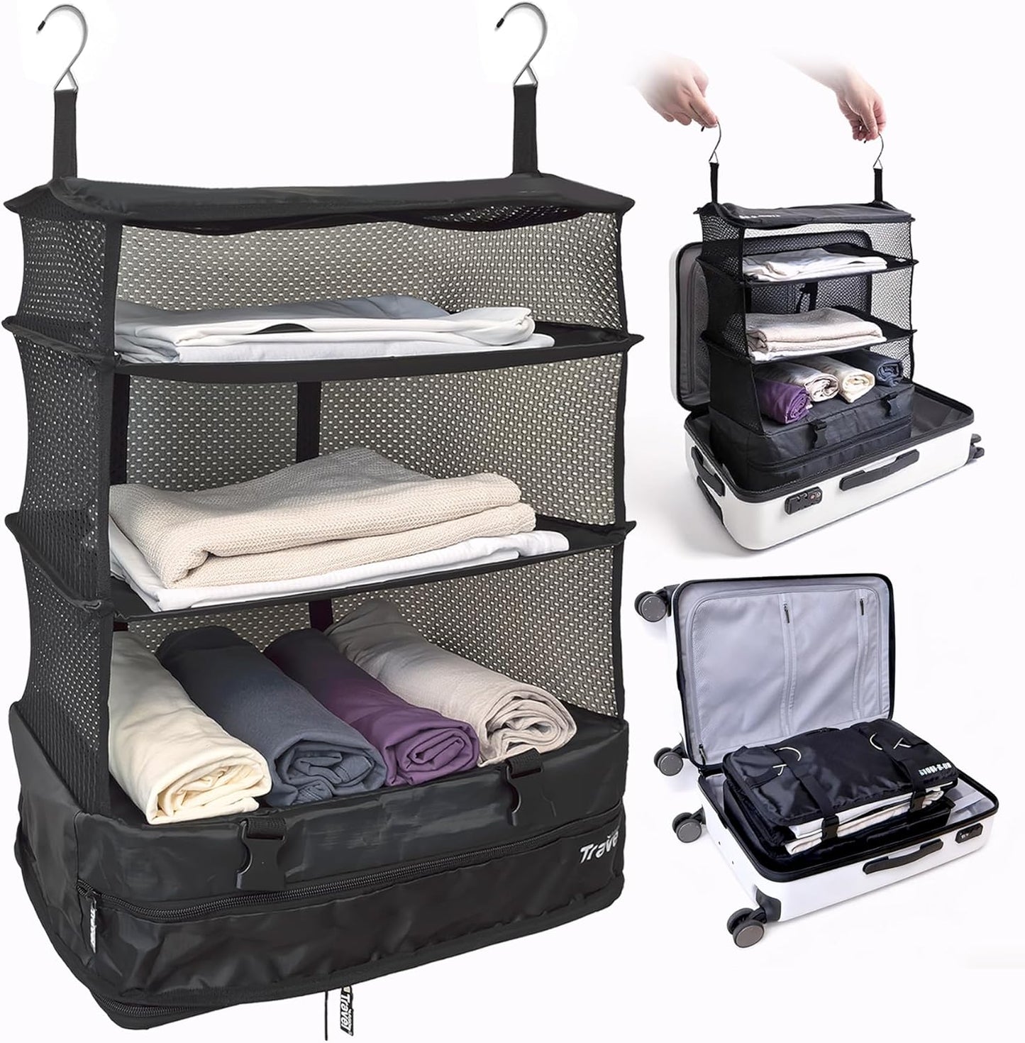 Grand Fusion Stow-N-Go Travel Luggage Organizer – Portable Hanging Travel Shelves, Carry-On Closet Organizer, Hanging Packing Cubes, Collapsible Carry-On Organizer for Cruises & Hotels. Black - XL