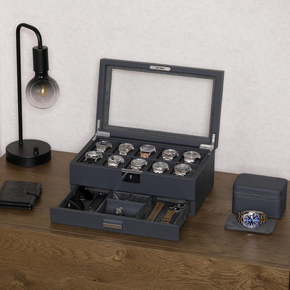 ROTHWELL 10-Slot Watch Box in Leather with Valet Drawer, Luxury Watch Case Display Organizer with Ultra Soft Microsuede Liner, Jewelry and Sunglass Holder With Large Glass top (Carbon)