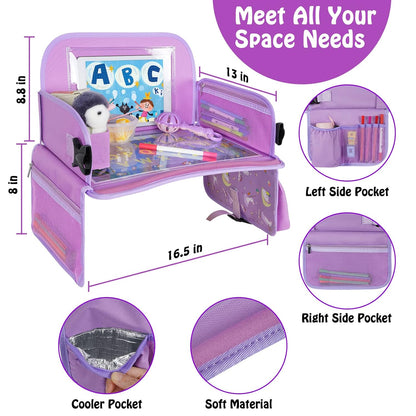 MENZOKE Car Seat Tray for Kids Travel, Kids Travel Tray with Educational Drawing Board, Tablet Holder & Cooler Cup Holder, Holiday Gifts for Car Trip, Purple