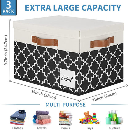 GhvyenntteS Fabric Storage Bins with Lids 3 Pack, Foldable Fabric Storage Boxes with Lids and 3 Handles, Sturdy Closet Organizers and Storage Bins with Label Window for Home (White&Lattice Black)