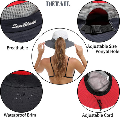 Womens Summer Sun Hat Beach Hat Wide Brim Outdoor UV Protection Hat Foldable Cool Mesh Ponytail Bucket Hat