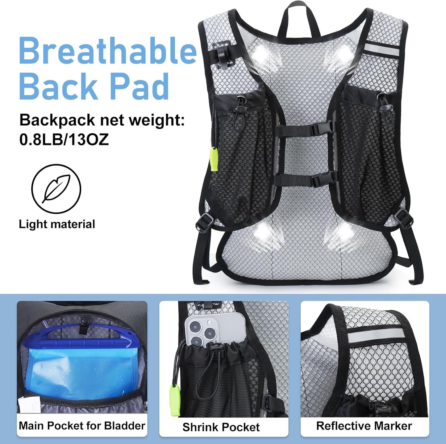 Lightweight Hydration Backpack, Running Backpack with 2L Water Bladder, Hydro Water Daypack for Cycling Hiking Rave for Men Women