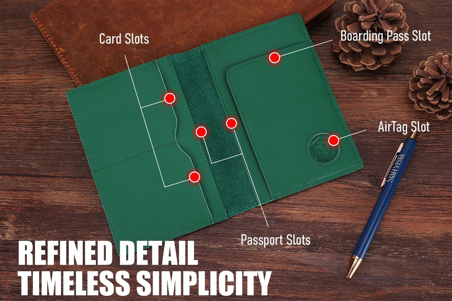 STAR VISTA Albatross Leather Travel Passport Holder, Minimalist Design, Calfskin Leather Case for Women and Men - Slim Passport Wallet, Bifold, RFID Blocking, with AirTag Holder, Green