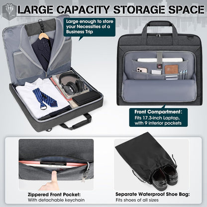 RAINSMORE Garment Bags for Travel Carry On Garment Bag for Hanging Clothes, Suit Bag for Business Trips with Shoes bag & Shoulder Strap, Waterproof Foldable Suit Luggage Bag for Men Women, Gray
