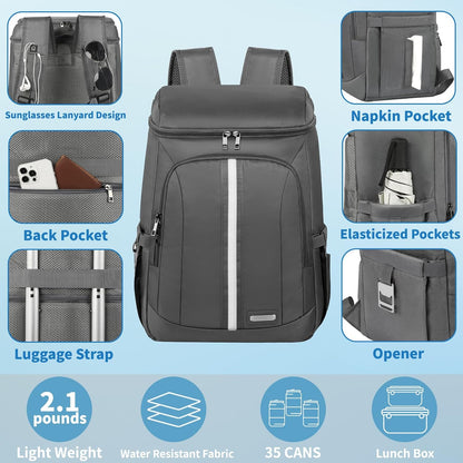 Backpack Cooler Insulated Leak Proof 35 Cans, 2 Insulated Compartments Thermal Bag, Portable Lightweight Beach Travel Camping Lunch Backpack for Men and Women, 30L, Reflective Stripes, Water-Resistant