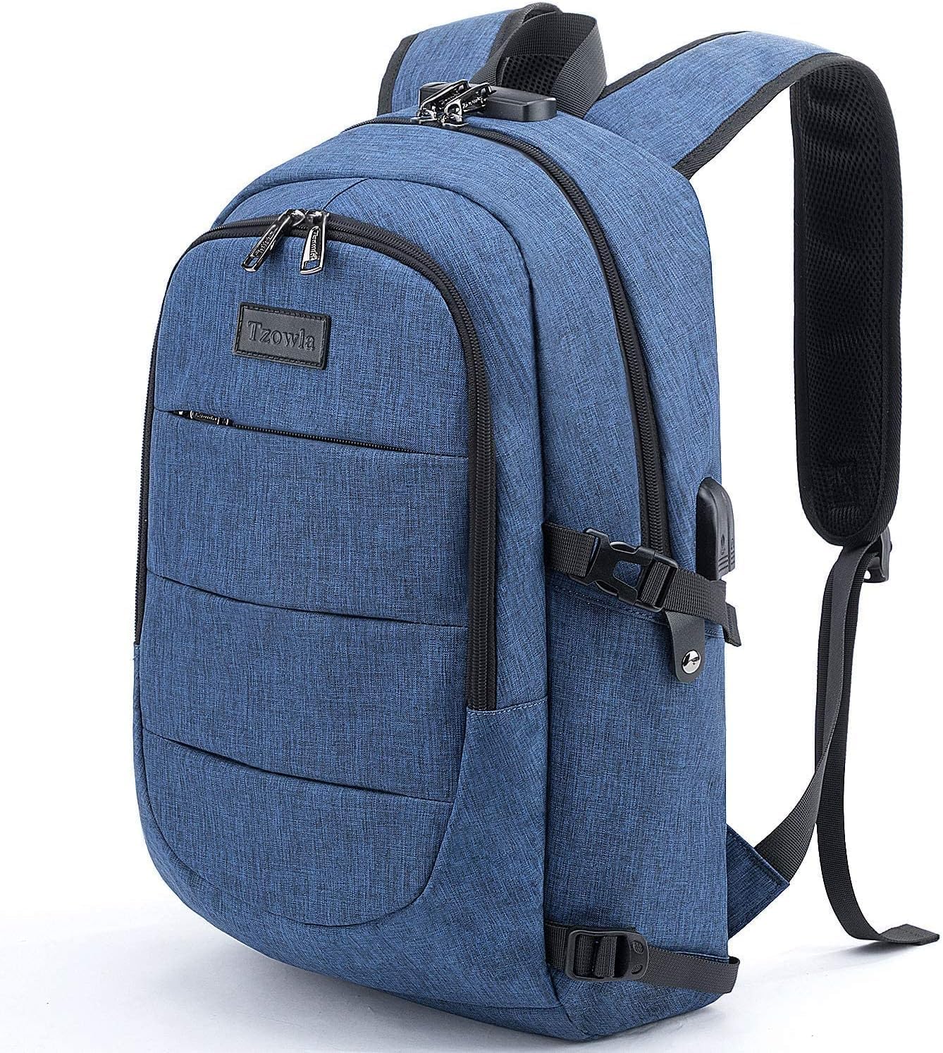 Tzowla Business Laptop Backpack Anti-Theft Backpack with USB Charging Port and Lock 15.6 Inch Computer Backpacks for Women Men, Casual Hiking Travel Daypack (Blue)