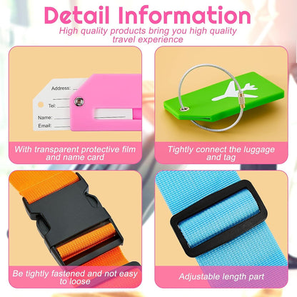 Weewooday 8 Pcs Luggage Straps Suitcase Tags Set for TSA Approved, 4 Travel Adjustable Suitcase Belt, 4 Silicone Luggage Tags with Name ID Card Travel Accessories(Blue, Pink, Green, Orange,Airplane)