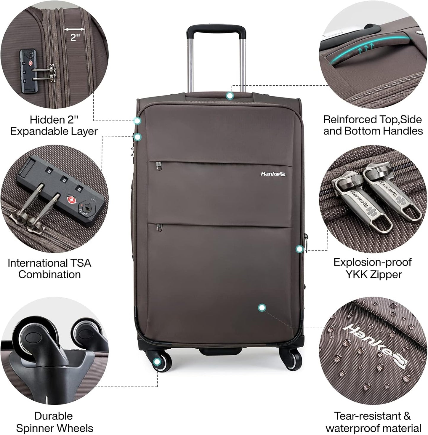 Hanke 20/24/28 Inch 3 Piece Luggage Set with Spinner Wheels Expandable Luggage Large Suitcases with Wheels Softside Checked Luggage Rolling Suitcase with Lock Lightweight Travel Luggage.(Coffee)