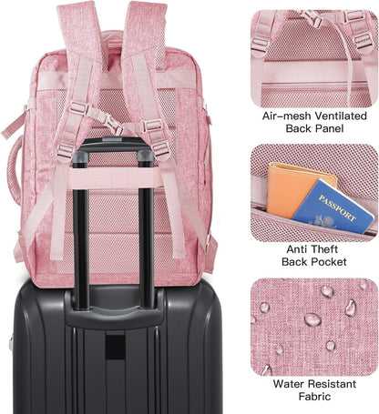 Carry On Backpack, 55L Extra Large Travel Backpack for Men & Women, Expandable Big Capacity For Airplanes, Travel Gifts for Men Women, Fits 18.4 Inch Laptop, Luggage Suitcase Daypack Bag, Pink