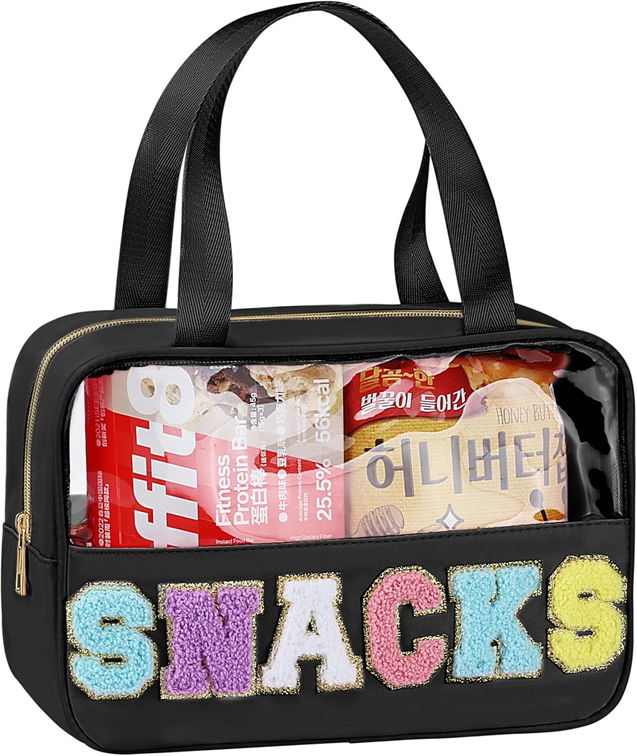 Snack Bag for Travel - Chenille Letter Clear Makeup Bag, Large Preppy Patch Snack Cosmetic Bag with Handle and Zipper, Cute Makeup Pouch Nylon&PVC Waterproof Toiletry Organizer Storage for Women