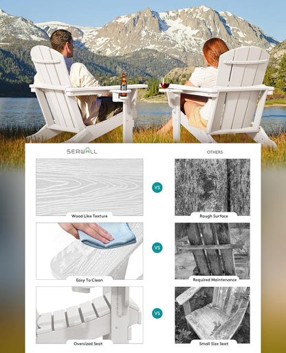 SERWALL Adirondack Chair with Cup Holders - Composite Adirondack Chairs Set of 4 HDPE Outdoor Chairs All Weather Use- White