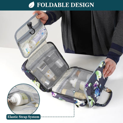 PAVILIA Hanging Toiletry Bag Travel Bag Women Men, Foldable Cosmetic Organizer, Roll up Makeup Bag, Water Resistant Accessories Toiletries, Large Travel Essentials Kit (Grey Floral)
