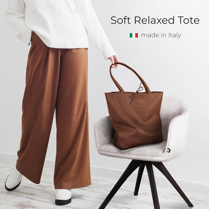 Italian Calf Leather Tote for Women with Zipper, Inner Pocket & Flat Base | Soft Unlined Shopper for Work & Travel