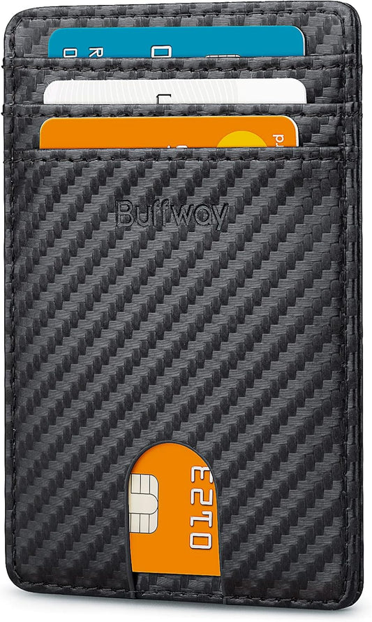 Buffway Mens Slim Wallet, Minimalist Thin Front Pocket Leather Credit Card Holder with RFID Blocking for Work Travel