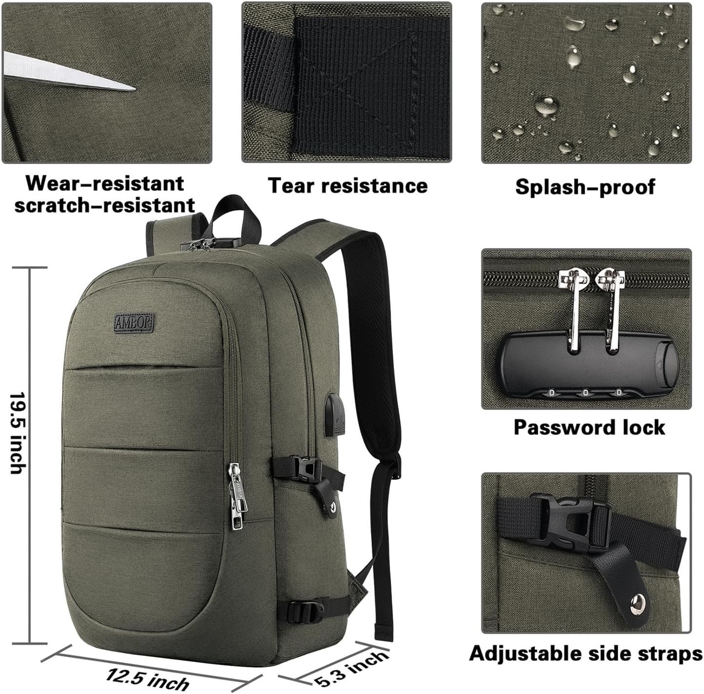 AMBOR Anti Theft Backpack, 15.6-17.3 inch Business Laptop Carry on Backpack with USB Charging Port and Headphone Interface, Travel Backpack for Men & Women