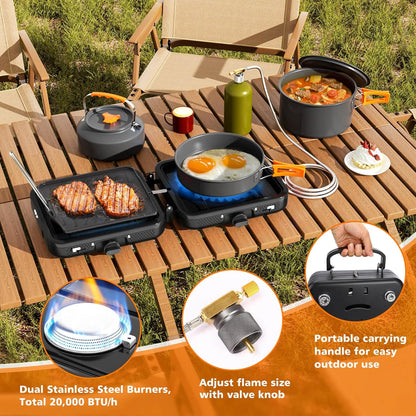 Hisencn 2 Burner Foldable Camping Stove with Griddle,Portable Propane Camp Stove, 20000 BTU Propane Stove, Outdoor Gas Stove with Carry Bag,Includes Frying Pan, Kettle, and Pot, Adjustable Burners