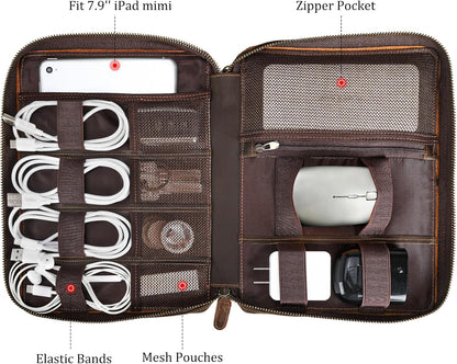 Polare Full Grain Leather Travel Cable Organizer Case Electronics Accessories Carry Bag with YKK Zippers Tech Storage Bag for Cables, Power Bank, USB, SD Card, Travel Essentials