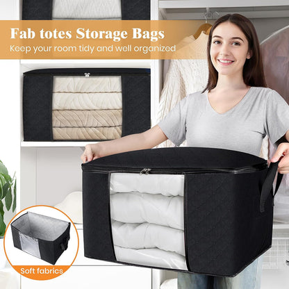 Fab totes 8 Pack Clothes Storage, Foldable Thick Fabric Blanket Storage Bags, Containers for Organizing Bedroom, Closet, Clothing, Comforter,Closet Organization with Handle,Black