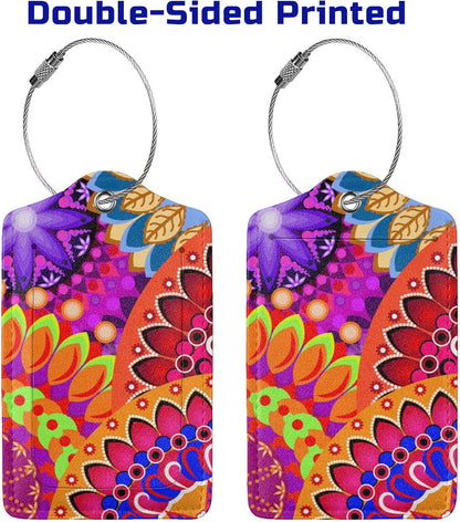 Colorful Mandala Style Luggage Tags Bright Red Bag Tag with Full Back Privacy Cover Name ID Card Stainless Steel Loop Suitcase Labels Address Card PU Leather Baggage Tags Luggage for Travel, 2 Pcs
