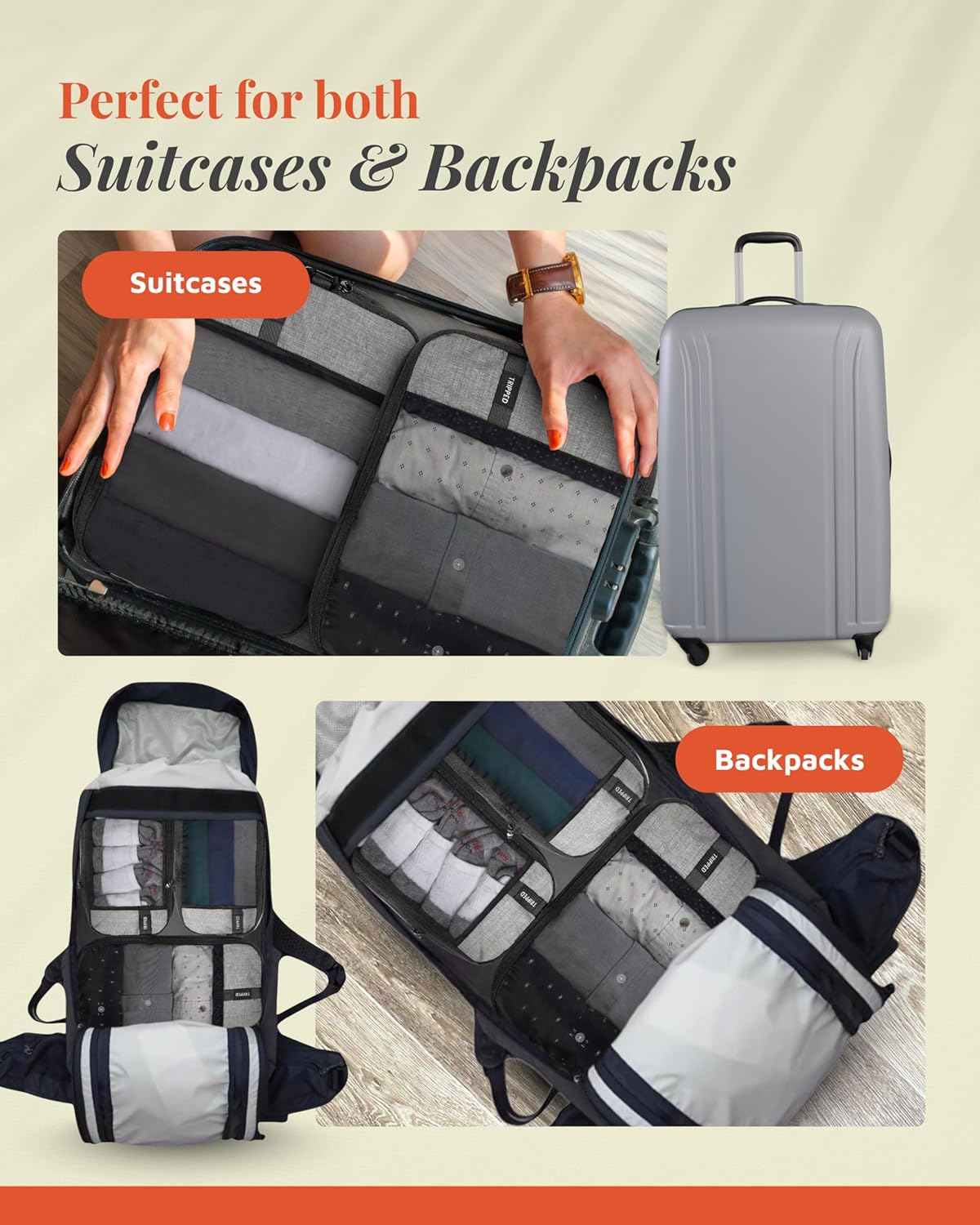 Premium Compression Packing Cubes for Travel, Compression Packaging Cube, Zip Bags Premium 6-Piece Set with laundry bag and shoe bag by TRIPPED Travel Gear (Grey Mesh)