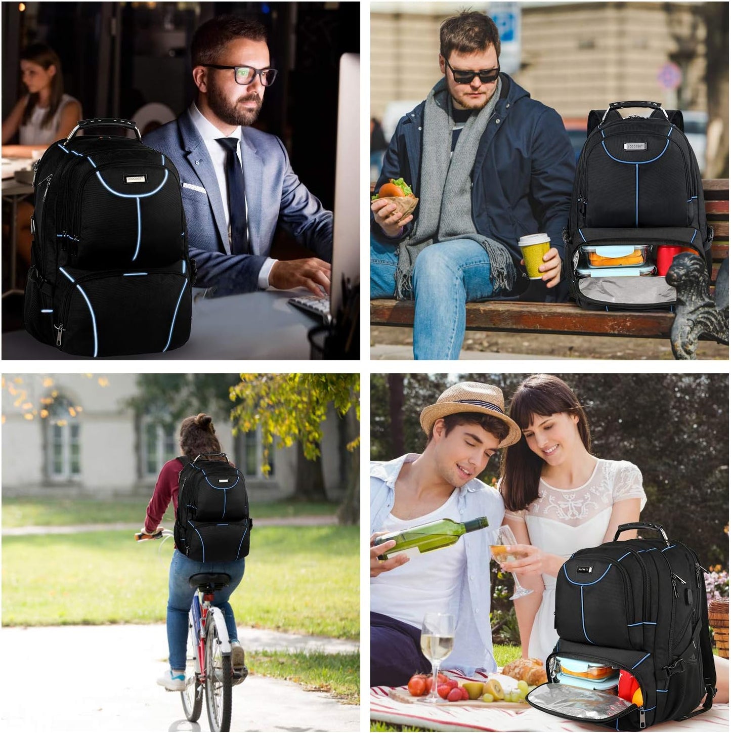 VECKUSON Lunch Bag Backpack, Insulated Cooler Lunch Box Backpack, Extra Large Travel Laptop Backpack TSA Friendly RFID Computer College bag with USB Port for Women Men,Blue