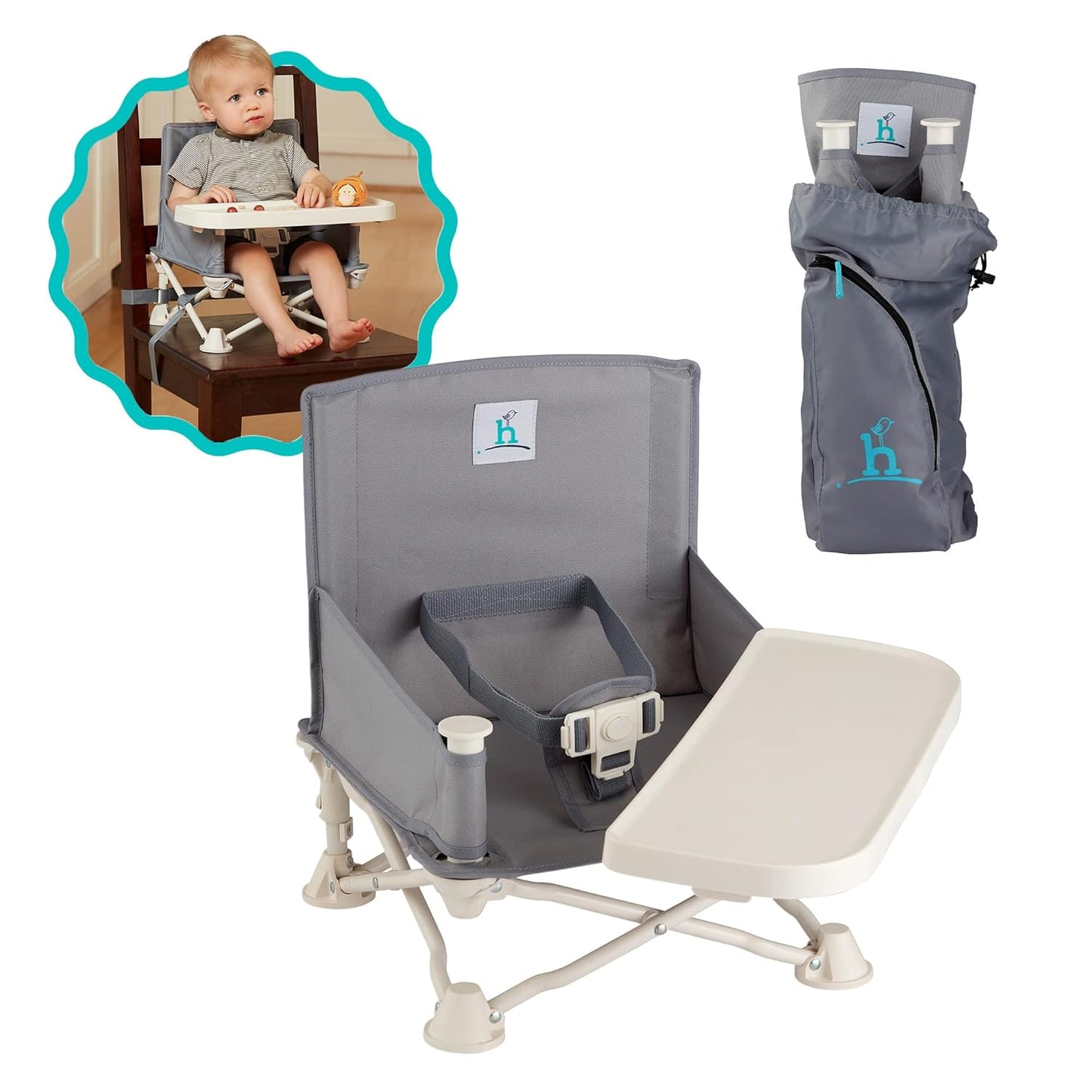 Hiccapop OmniBoost Travel Booster Seat with Tray for Baby, Dining Table, Camping, Beach, Grandma’s | Folding Portable Tip-Free Design Straps to Kitchen Chairs