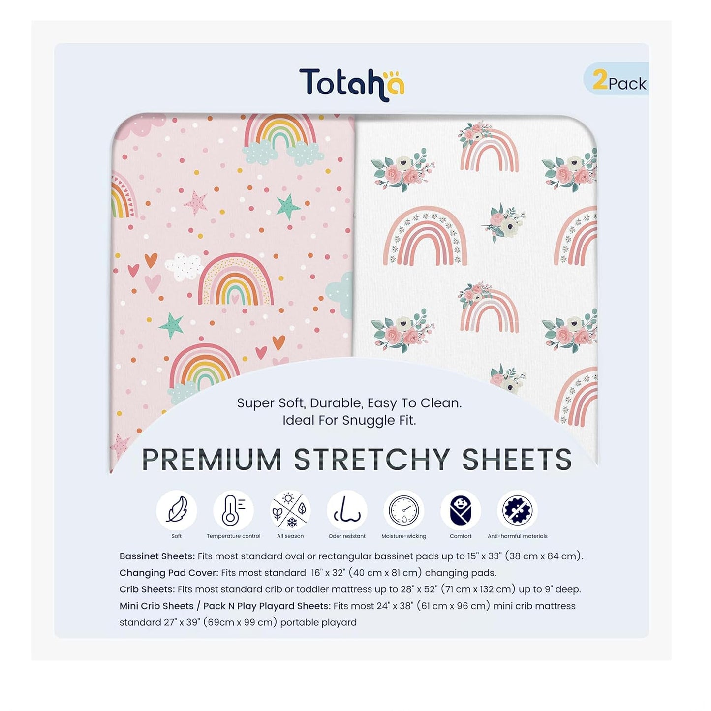 TotAha Premium Soft Pack n Play Sheets, Super Stretchy Jersey Knit Mini Crib Sheets Fitted, Silky Comfort Pack and Play Mattress Sheets, 2 Pack (Rainbow)