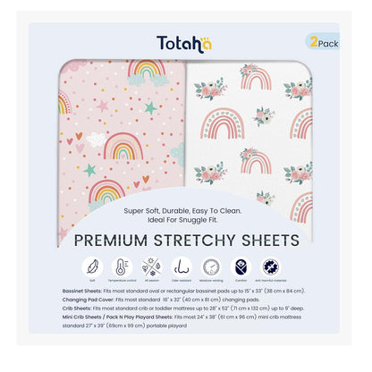 TotAha Premium Soft Pack n Play Sheets, Super Stretchy Jersey Knit Mini Crib Sheets Fitted, Silky Comfort Pack and Play Mattress Sheets, 2 Pack (Rainbow)