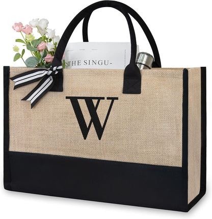 TOPDesign Initial Jute/Canvas Tote Bag, Personalized Present Bag, Suitable for Wedding, Birthday, Beach, Holiday, is a Great Gift for Women, Mom, Teachers, Friends, Bridesmaids (Letter W)