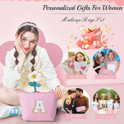 YOOLIFE Personalized Initial Makeup Bag for Women | Pink Cosmetic Travel Toiletry Bag | 11 12 13 14 15 16 Years Old Girl Gifts | Preppy Stuff Teen Girl Gift Trendy Stuff A