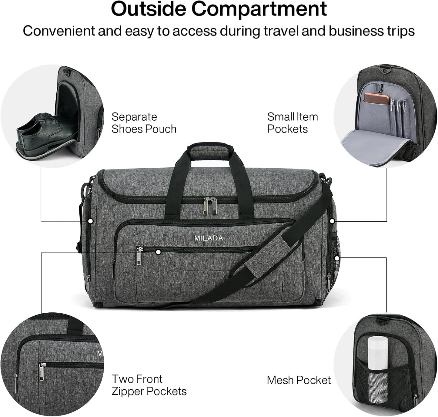 MILADA Convertible 2-in-1 Garment Duffel Weekender Bag Carry On Garment Bags for Travel Hanging Clothes Suit Bag Foldable Personal Item Business Overnight Bag with Shoe Compartment, Dark Grey